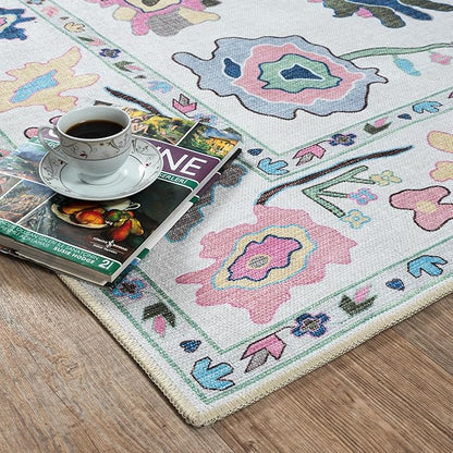 Fame Living Colorful Oushak Rug, Modern, Vintage, Turkish, Eclectic, Floral, Pastel, Washable, Extra Large Area Rugs for Living Room, Dining, Bedroom, Lounge, 9'x12'
