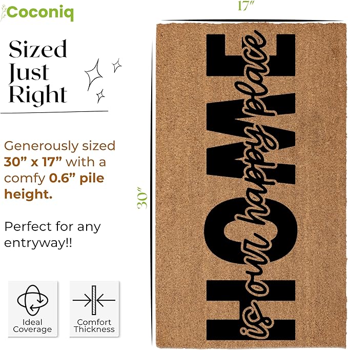 Coir Door Mats 17" X 30", Non-Slip Sturdy, PVC Backed Heavy Duty, Easy to Clean, Ideal for Door Entrance, Patio, Porch, Backyard, Garages, Home is Our Happy Place