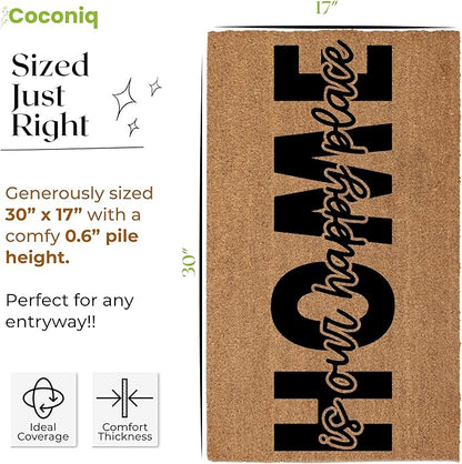 Coir Door Mats 17" X 30", Non-Slip Sturdy, PVC Backed Heavy Duty, Easy to Clean, Ideal for Door Entrance, Patio, Porch, Backyard, Garages, Home is Our Happy Place