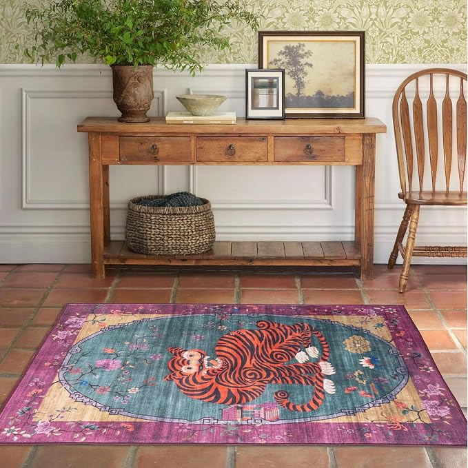 Tiger Rug Washable 3x5 ft Oriental Traditional Animal Print Vintage Fuchsia - Image 5