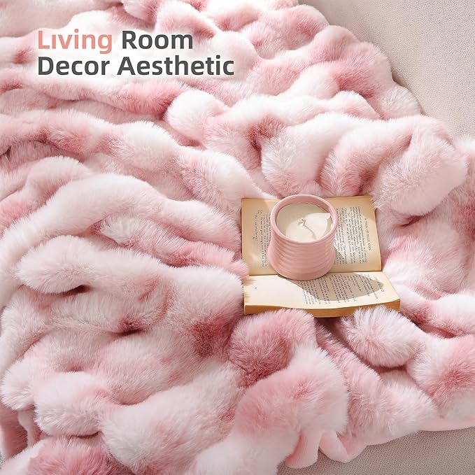 Smoofy Faux Fur Throw Blanket for Couch Rabbit Fleece - Tie-dye Pink Fluffy Blanket for Sofa Bedroom Living Room, Cozy Soft Plush Luxury Thick Winter Fuzzy Comfy Bubble Blanket - 50" x 60"
