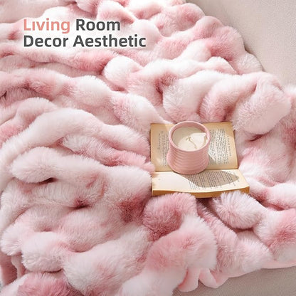 Smoofy Faux Fur Throw Blanket for Couch Rabbit Fleece - Tie-dye Pink Fluffy Blanket for Sofa Bedroom Living Room, Cozy Soft Plush Luxury Thick Winter Fuzzy Comfy Bubble Blanket - 50" x 60"