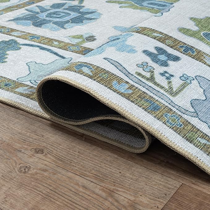 Fame Living Green Oushak Rug, Modern, Vintage, Turkish, Eclectic, Floral, Pastel, Washable, Area Rugs for Living Room, Dining, Bedroom, Office, Entryway, Foyer, Playroom, Nursery, 5'x6'9"