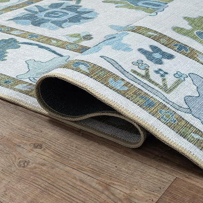 Fame Living Green Oushak Rug, Modern, Vintage, Turkish, Eclectic, Floral, Pastel, Washable, Area Rugs for Living Room, Dining, Bedroom, Office, Entryway, Foyer, Playroom, Nursery, 5'x6'9"