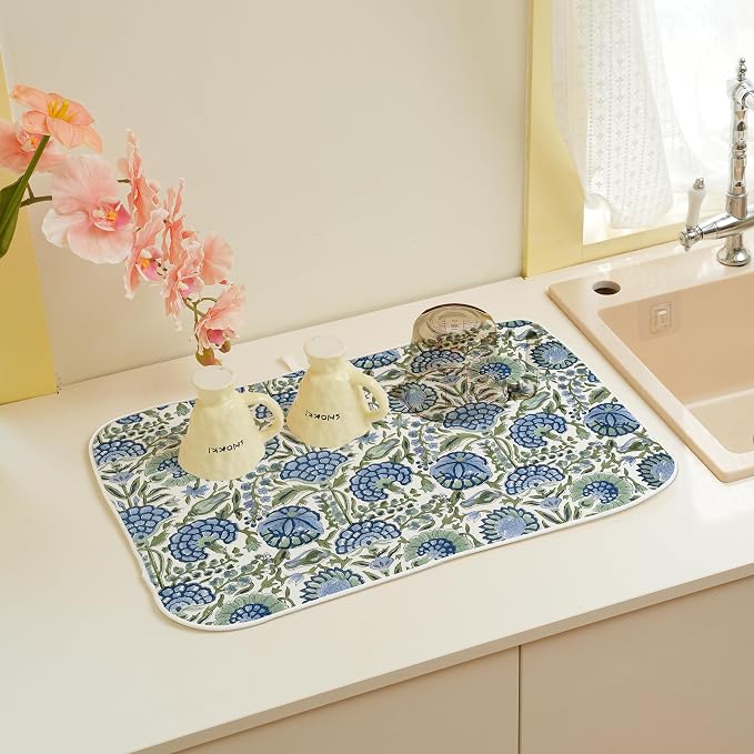 Blue Sage Green Floral Dish Drying Mats 18x24 Inch Sage Green Block Print - Image 4
