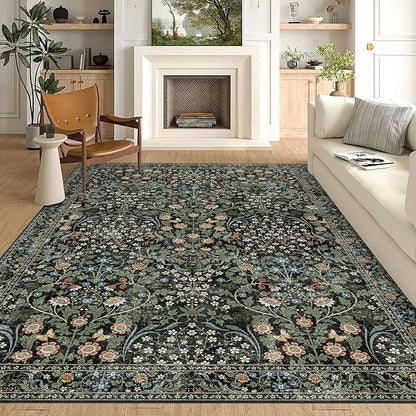 MUJOO 8x10 Area Rugs,Floral Washable Rugs for Living Room Dining Room Bedroom,Large Throw Carpet,Boho Non Slip Indoor Floor Big Soft Botanical Vintage Ultra-Thin Black and Green