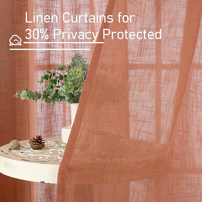 LAMIT Terracotta 72 inch Linen Curtains for Living Room 2 Panels, Linen Textured Light Filtering Semi Sheer Back Tab and Rod Pocket Window Curtain Panels for Bedroom/Farmhouse, 52 x 72 Inch