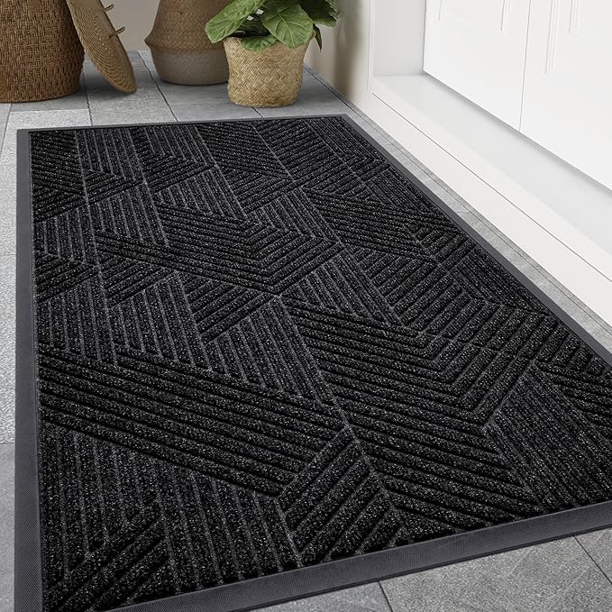Smiry Front Door Mat Outside Entrance, Heavy Duty Sturdy Natural Rubber Doormat, Trap Dirt and Moisture, Easy Clean Low Profile Mats for Indoor Outdoor Entry, Irregular Triangle (59x24, Black)
