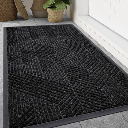 Smiry Front Door Mat Outside Entrance, Heavy Duty Sturdy Natural Rubber Doormat, Trap Dirt and Moisture, Easy Clean Low Profile Mats for Indoor Outdoor Entry, Irregular Triangle (59x24, Black)