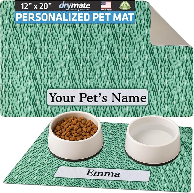 Drymate Personalized Pet Bowl Placemat, Custom Dog & Cat Food Feeding Mat - Absorbent Fabric, Waterproof Backing - Machine Washable/Durable (USA Made) (12" x 20") (Drizzle Green)