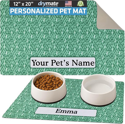 Drymate Personalized Pet Bowl Placemat, Custom Dog & Cat Food Feeding Mat - Absorbent Fabric, Waterproof Backing - Machine Washable/Durable (USA Made) (12" x 20") (Drizzle Green)
