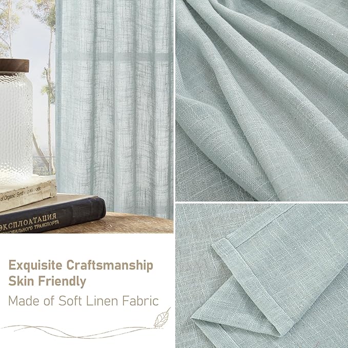 LAMIT Linen Curtains 108 Inches Long for Living Room, Back Tab and Rod Pocket Linen Textured Sheer Curtains Light Filtering Curtains for Boho Farmhouse, 2 Panels, 52 x 108 Inch, Greyish Blue