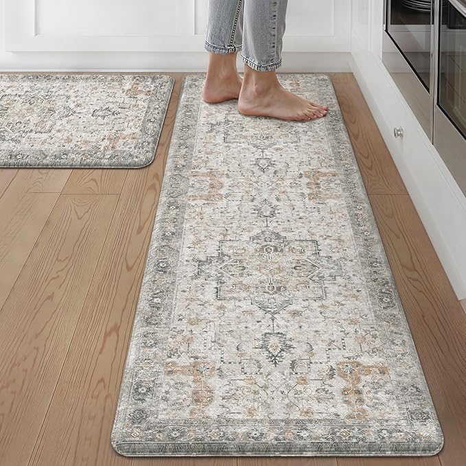 GENIMO Kitchen Mats for Floor 2PCs, Washable Anti Fatigue Mat for Cushioned, 17.3"x59"+17.3"x30", Waterproof Kitchen Rugs, Non Slip Comfort Standing Mat Rug for Home, Sink, Laundry, LightTaupeBrown