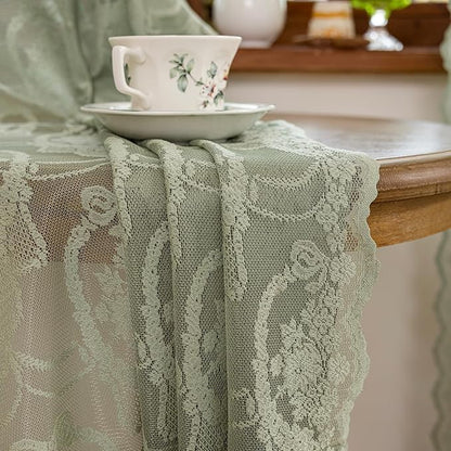 Green Lace French Delicacy Curtains 63 Inches Long -Rod Pocket Luxury Vintage Bow Butterfly Sheer Lace Flower Curtains for Living Room Bedroom，52 x 63 Inch, 2 Panels