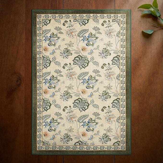 jinchan Elora 2x3 Floral Rug for Entryway Washable Rug Vintage Romance Design Christmas Small Mat Non Slip Indoor Doormat Lightweight Low-Profile Throw Carpet for Bathroom Laundry Room, Green/Beige