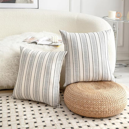 Decorative Boho Throw Pillow Covers, Farmhouse Textured Pillow Case, 20 x 20 Inch Set of 2, Chair Sofa Bedroom Living Room Home Decor Couch Cushion Case, Grey and Beige Striped