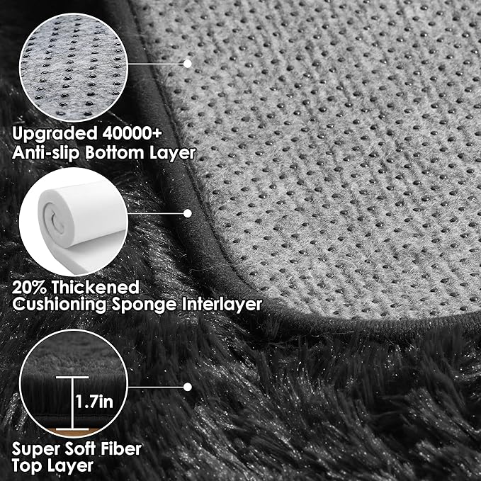ONASAR Black Area Rugs for Bedroom Living Room, Fluffy Fuzzy Shaggy 4x6 Bedside Rug, Washable Soft Plush Modern Indoor Floor Carpet for Nursery Kids Girls Boys Teen Dorm Home Office Decor Aesthetic