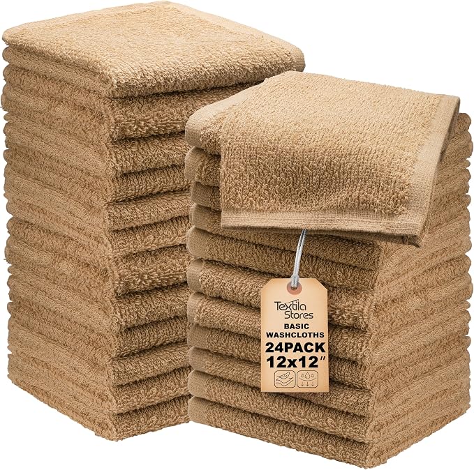 Basic Wash Cloths 12x12 Inches – Bulk Pack of 24 – Beige Color – Soft and by TEXTILA