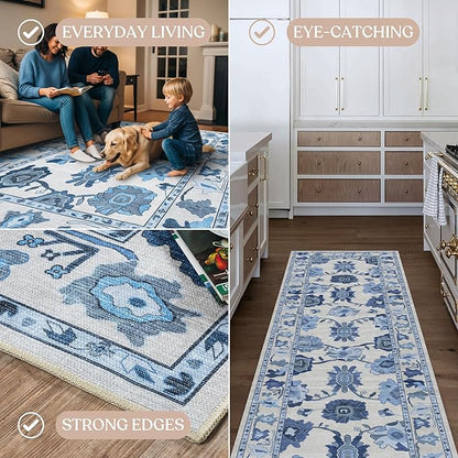 Fame Living Navy Blue Oushak Rug, Modern, Vintage, Turkish, Eclectic, Floral, Pastel, Washable, Area Rugs for Living Room, Dining, Bedroom, Nursery, Girls, Boys, 5'9"x8'9"