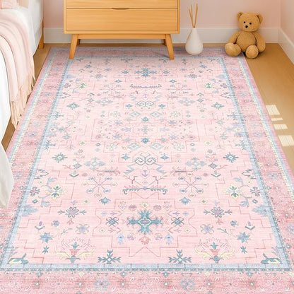 Pink and Blue Washable 5x8 Living Room Rugs, Boho Aethestic Oushak Vintage Area Rug for Bedroom Girls Kids Playroom Nursery Room, Non-Slip Rubber Backing Stain Resistant