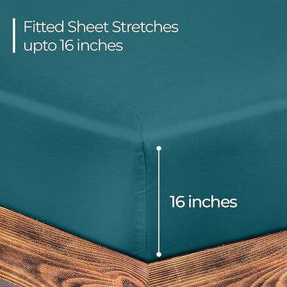 ROYALE LINENS 300 Thread Count 100% Long Staple Combed Cotton Fitted Sheet Queen - Super Soft Deep Pocket Bottom Sheet - Fitted Sheets Only - Elastic Sheets (Queen, Teal)