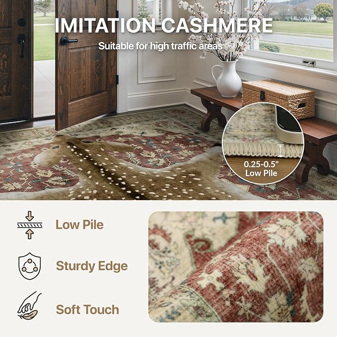 Bavni 5x7 Deer Rug, Machine Washable Animal Print Low Pile Boho Carpet - Image 5