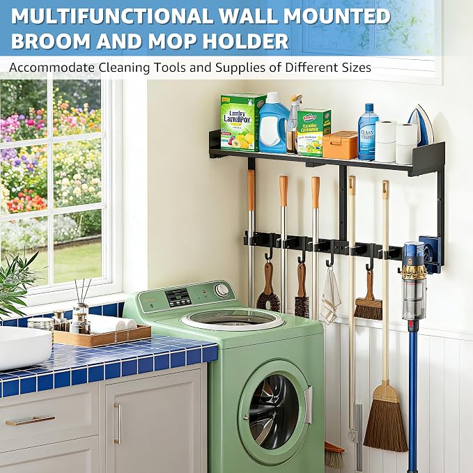 Broom Holder Wall Mount, Heavy Duty Iron Utility Rack - Image 2