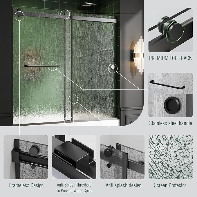 Bathtub Sliding Door 60" W x 56" H, Tub Shower Door, Frameless Bypass Double - Image 3
