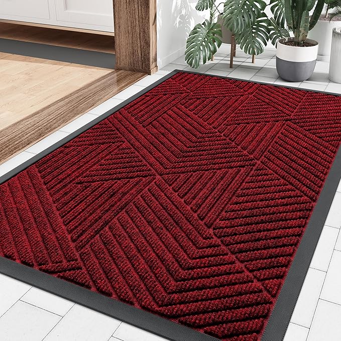 Smiry Front Door Mat Outside Entrance, Heavy Duty Sturdy Natural Rubber Doormat, Trap Dirt and Moisture, Easy Clean Low Profile Mats for Indoor Outdoor Entry, Irregular Triangle (36x24, Deep Red)