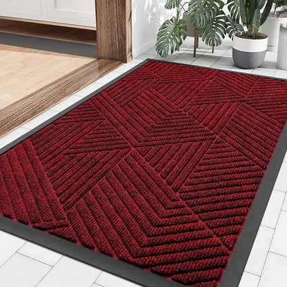 Smiry Front Door Mat Outside Entrance, Heavy Duty Sturdy Natural Rubber Doormat, Trap Dirt and Moisture, Easy Clean Low Profile Mats for Indoor Outdoor Entry, Irregular Triangle (36x24, Deep Red)