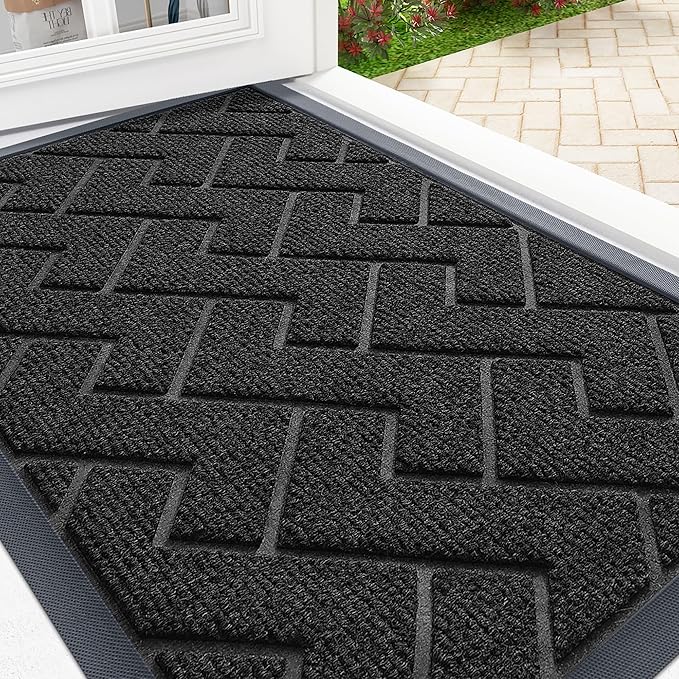 OLANLY Front Door Mat Indoor Outdoor Entrance, Waterproof All-Season, All-Weather Doormat, Sturdy Natural Rubber, Low Profile, Easy Clean Patio Porch Entryway Mat, Herringbone Brick (Black, 47x17)
