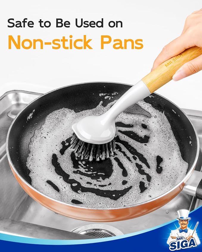 MR.SIGA Dish Brush with Handle, Dish Scrub Brush with Built-in Scraper - Image 4