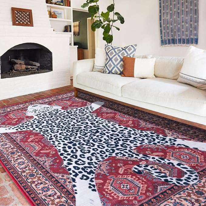Oriental Leopard Rug 5x7 ft Washable Traditional Red Persian Rug - Image 7