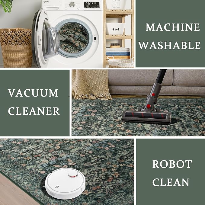 8x10 Washable Area Rug for Living Room, Large Vintage Dark Green Floral Rugs - Image 5