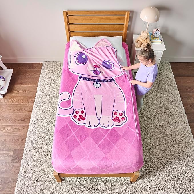 ZippySack Twin Bed Zip-Up Bedding – Super Soft Fleece Fitted Blanket with Side Pocket & Durable Zipper – Easy Bed-Making for Kids (Kitty)