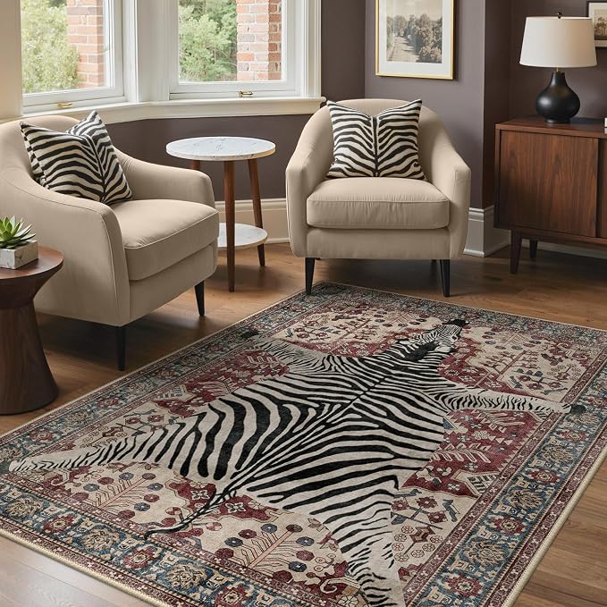 Bavni 5x7 Zebra Rug, Machine Washable Animal Print Low Pile Boho Carpet - Image 2