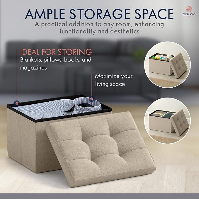 Ornavo Home Small Storage Ottoman Foldable Collapsible Rectangle Linen Ottoman - Image 3