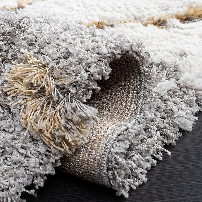 SAFAVIEH Horizon Shag Collection Area Rug - 9' Round, Grey & Gold, Modern Abstract Design, Plush 2.5-inch Thick, Ideal for High Traffic Areas in Living Room, Bedroom, Dining (HZN890D-9R)