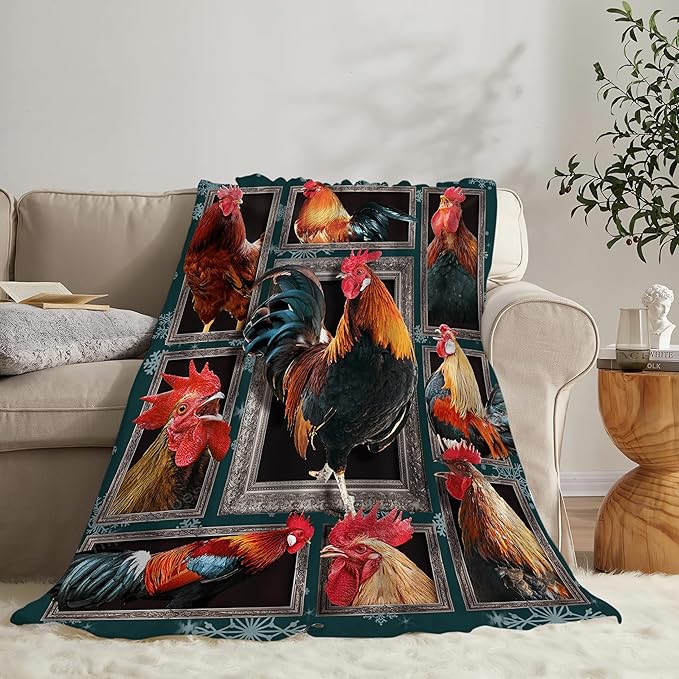 Rooster Chicken Throw Blanket, 60"x50", Multicolor, 100% Polyester Microfiber, Wrinkle Resistant, Colorfast, Unisex Adult, Perfect for Couch, Bed, Camping, Reading, Napping