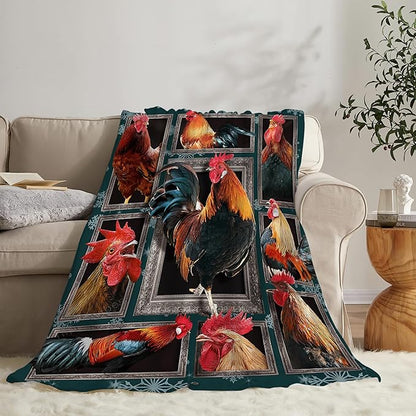 Rooster Chicken Throw Blanket, 60"x50", Multicolor, 100% Polyester Microfiber, Wrinkle Resistant, Colorfast, Unisex Adult, Perfect for Couch, Bed, Camping, Reading, Napping