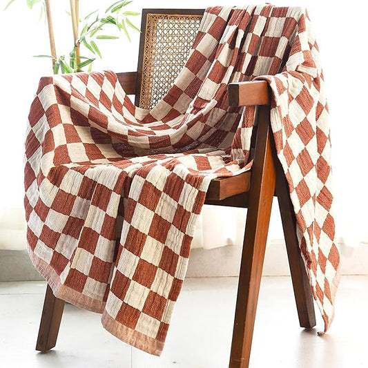 Folkulture 100% Cotton Throw Blanket, Rust Checks, 50x60in, Soft, Lightweight, Travel, Napping, All Seasons, Machine Wash