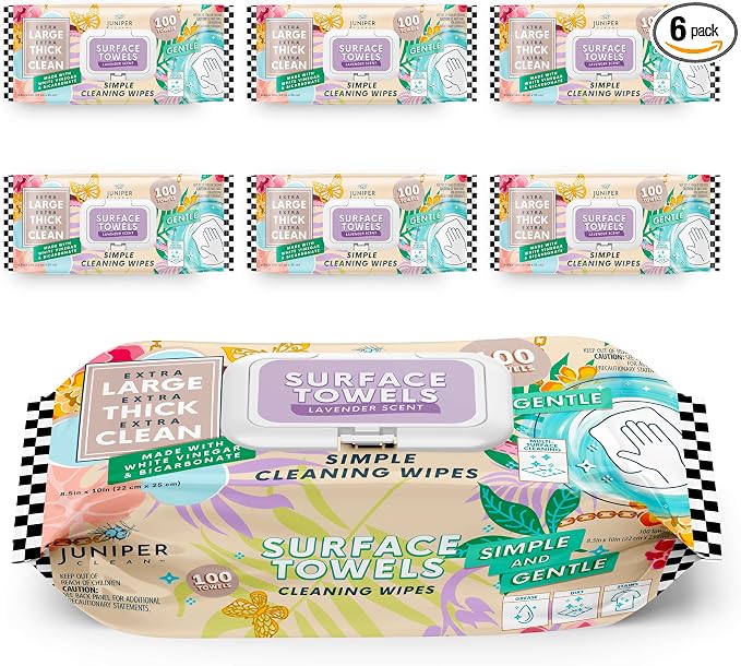 6 Packs Surface Cleaning Wipes Bleach Free, Thick & Large Dispose, All-Purpose by JuniperCLEAN