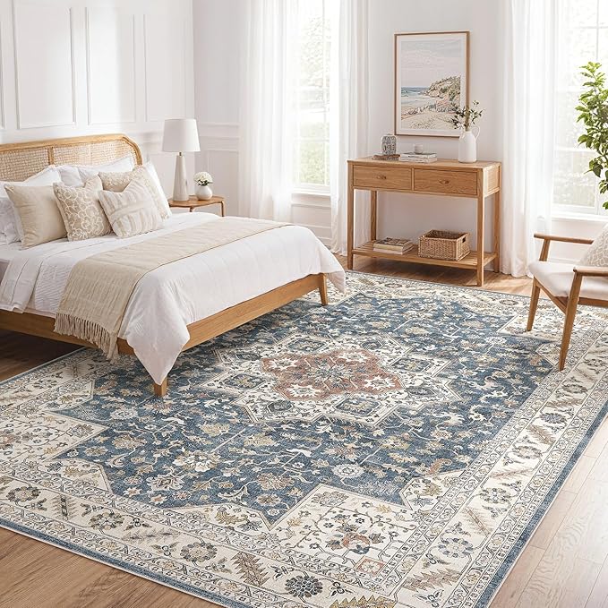 Vintage Living Room Area Rug 5x7 - Large Soft Washable Oriental Traditional Distressed Farmhouse Rugs for Bedroom - Indoor Floor Accent Carpet for Home Office House Decor - Vintage Blue