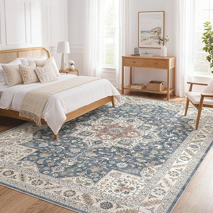 Vintage Living Room Area Rug 5x7 - Large Soft Washable Oriental Traditional Distressed Farmhouse Rugs for Bedroom - Indoor Floor Accent Carpet for Home Office House Decor - Vintage Blue