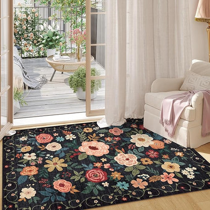 DUKINO 3x5 Area Rug, Floral Rugs for Living Room, Lightweight Non Slip Washable Rug, Indoor Low Pile & Non-Shedding Boho Design Rugs for Bedroom, Living Room, Dining Room, Black