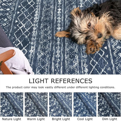 KUTA 3x5 Boho Area Rug for Living Room, Moroccan Washable Kitchen Rugs Non Slip, Navy Blue Ultra Soft Print Distressed Geometric Low-Pile Entry Throw Carpet for Bedroom Nursery Dorm Decor