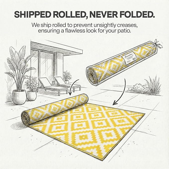 FH Home Outdoor Rug - Waterproof, Fade Resistant, Reversible - Premium Recycled Plastic - Geometric - Patio, Porch, Deck, Balcony - Aztec - Yellow & White Crease Free - 4 x 6 ft