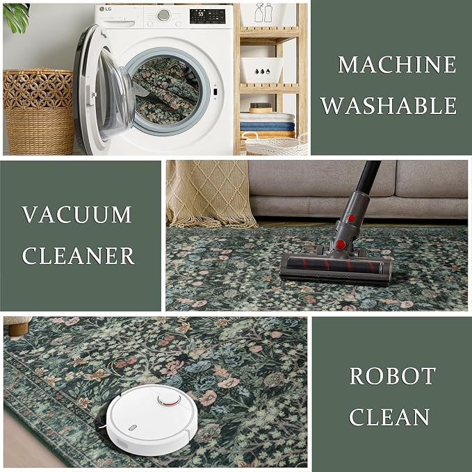 5x7 Washable Rug Vintage Floral Green Area Rug Non Slip Low Pile Large Rugs - Image 4