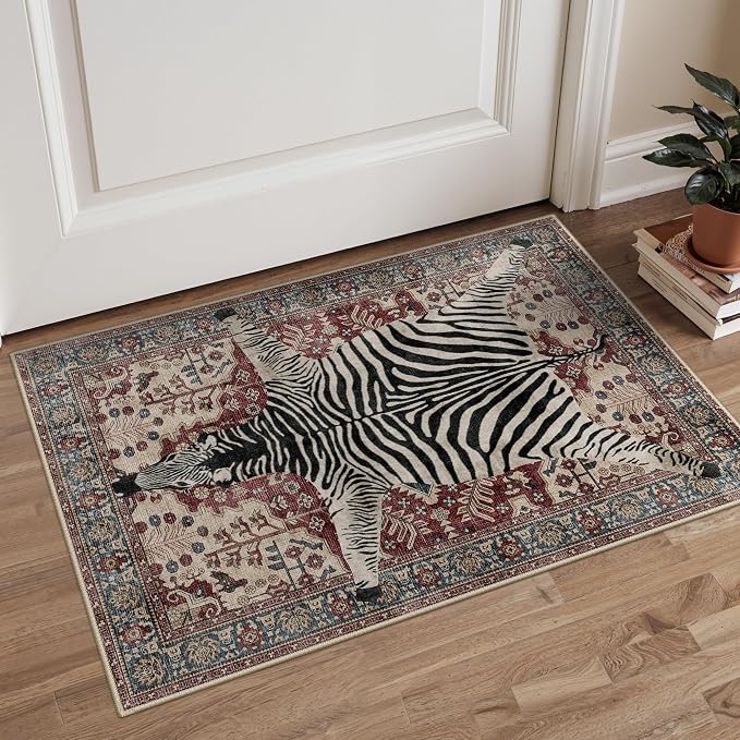 Bavni 2x3 Zebra Rug, Machine Washable Door Mat, Soft Animal Small Boho Rugs Non by BAVNI