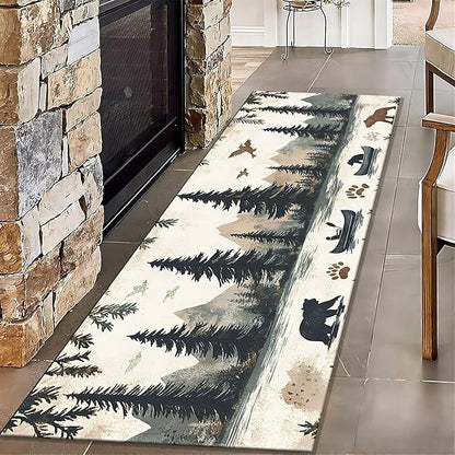 Retro Bear Claw Mountain Runner Rug 3.3x10ft with Elk Cabin - Non-Slip Bohemian Rug, Washable Floor Mat for Balcony Corridor, River Landscape Art